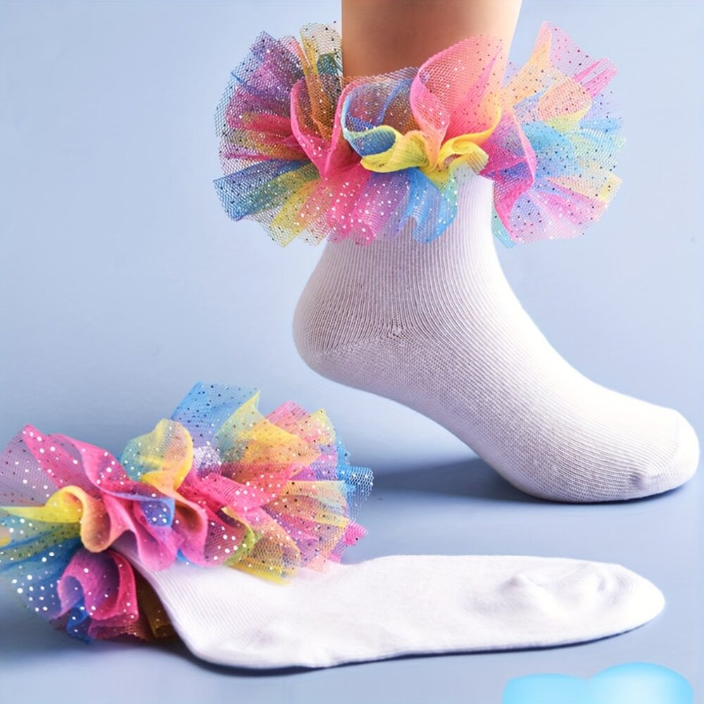 1 Pair Baby Kids Simple Solid Liner Anklets Socks With Rainbow Mesh